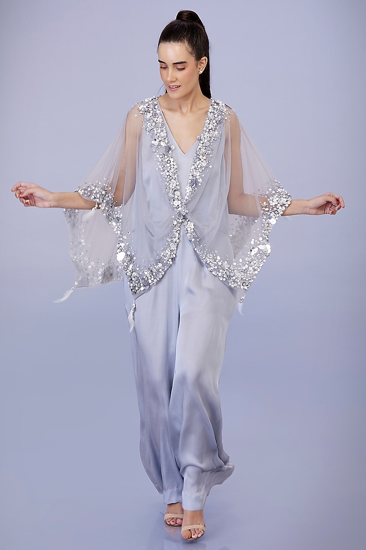 Light Grey Blended Satin Jumpsuit With Kaftan by Dilnaz Karbhary at Pernia's Pop Up Shop