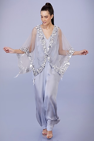 Light Grey Blended Satin Jumpsuit With Kaftan by Dilnaz Karbhary