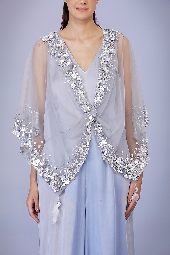 Light Grey Blended Satin Jumpsuit With Kaftan by Dilnaz Karbhary at Pernia's Pop Up Shop