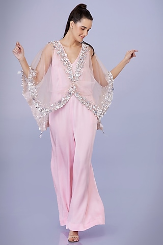 Light Pink Blended Satin Jumpsuit by Dilnaz Karbhary