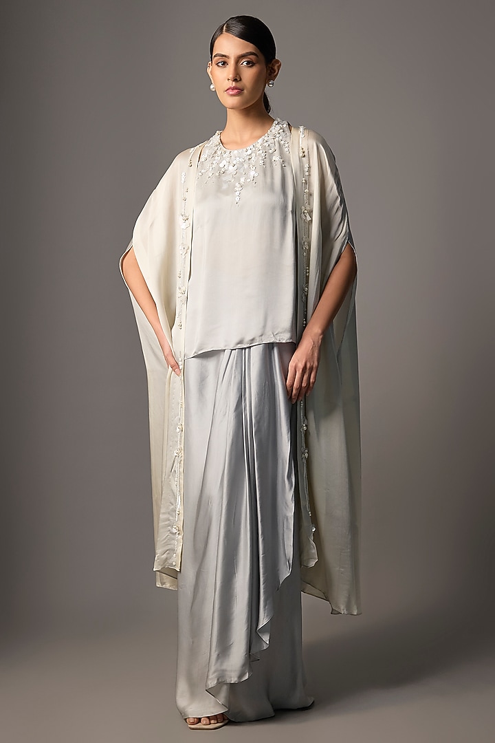 Light Grey Blended Satin Cape Set by Dilnaz Karbhary at Pernia's Pop Up Shop