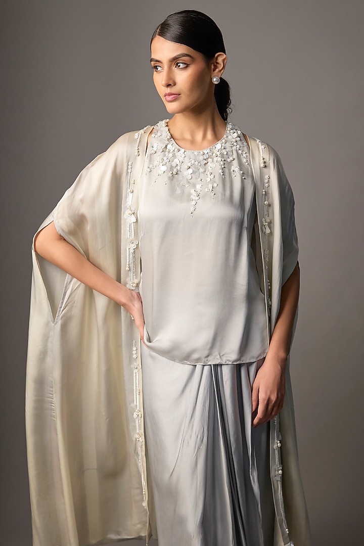 Light Grey Blended Satin Cape Set by Dilnaz Karbhary at Pernia's Pop Up Shop