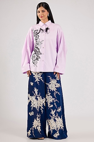 Lilac Blended Cotton Cutwork Embroidered Shirt by Dilnaz Karbhary
