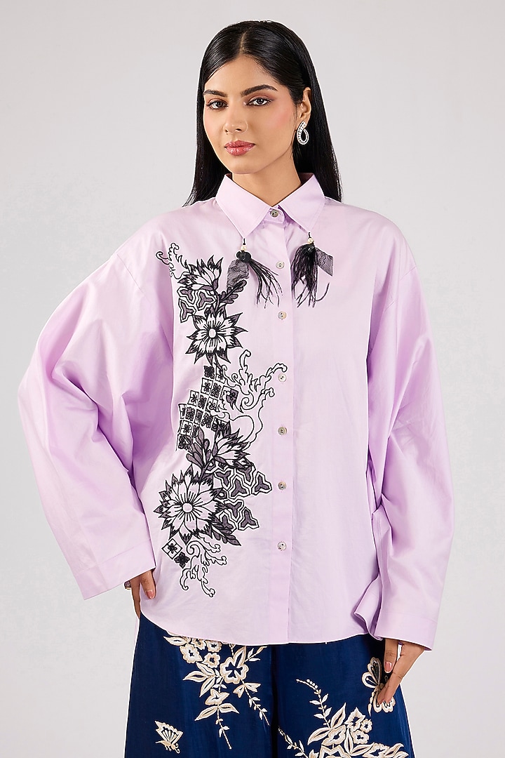 Lilac Blended Cotton Cutwork Embroidered Shirt by Dilnaz Karbhary at Pernia's Pop Up Shop