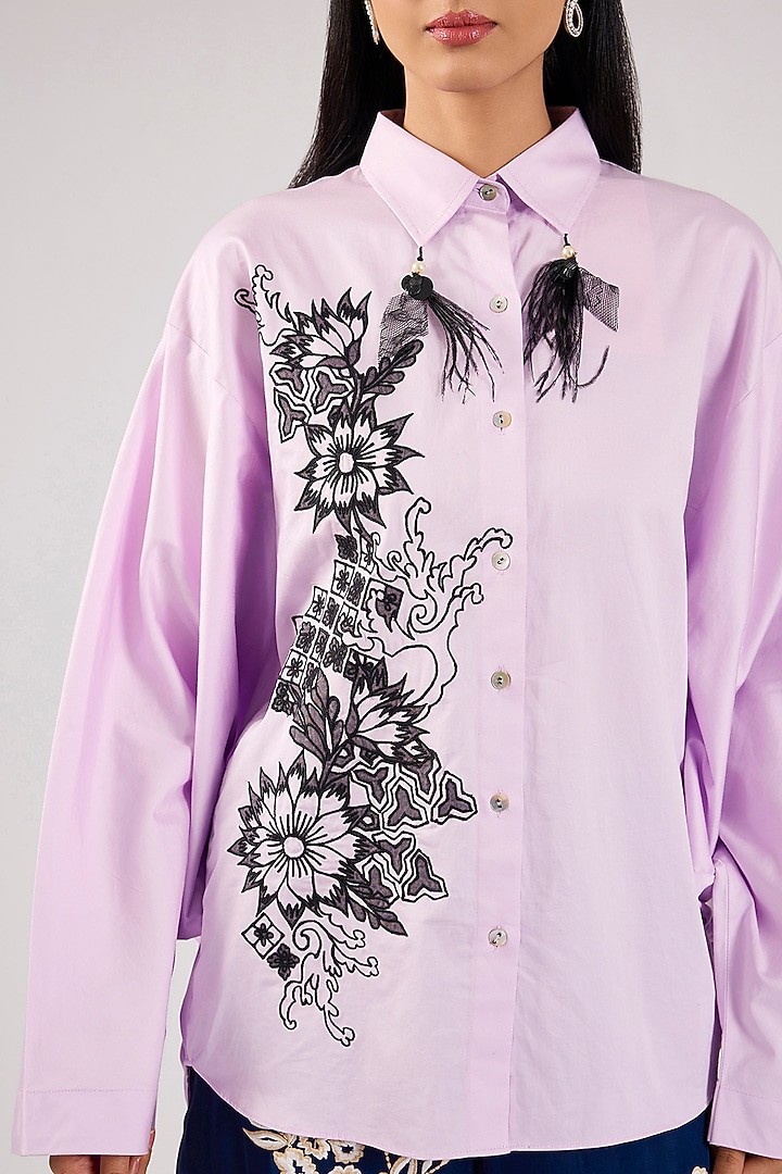 Lilac Blended Cotton Cutwork Embroidered Shirt by Dilnaz Karbhary at Pernia's Pop Up Shop