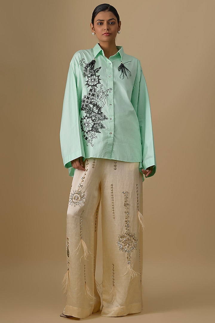 Aqua Cotton Embroidered Shirt by Dilnaz Karbhary at Pernia's Pop Up Shop
