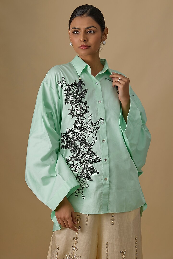 Aqua Cotton Embroidered Shirt by Dilnaz Karbhary at Pernia's Pop Up Shop