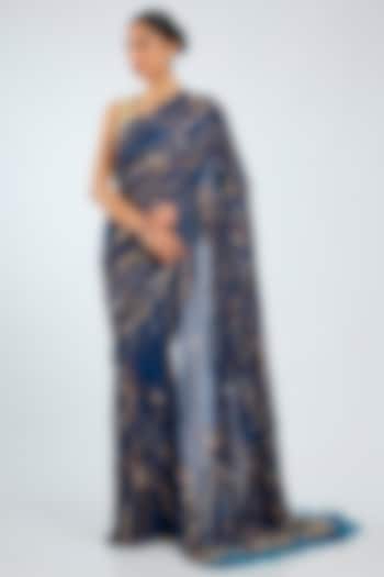 Sapphire Blue Georgette Sequins Embroidered Bridal Saree by Dilnaz Karbhary at Pernia's Pop Up Shop