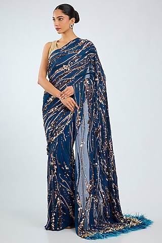 Sapphire Blue Georgette Sequins Embroidered Saree by Dilnaz Karbhary