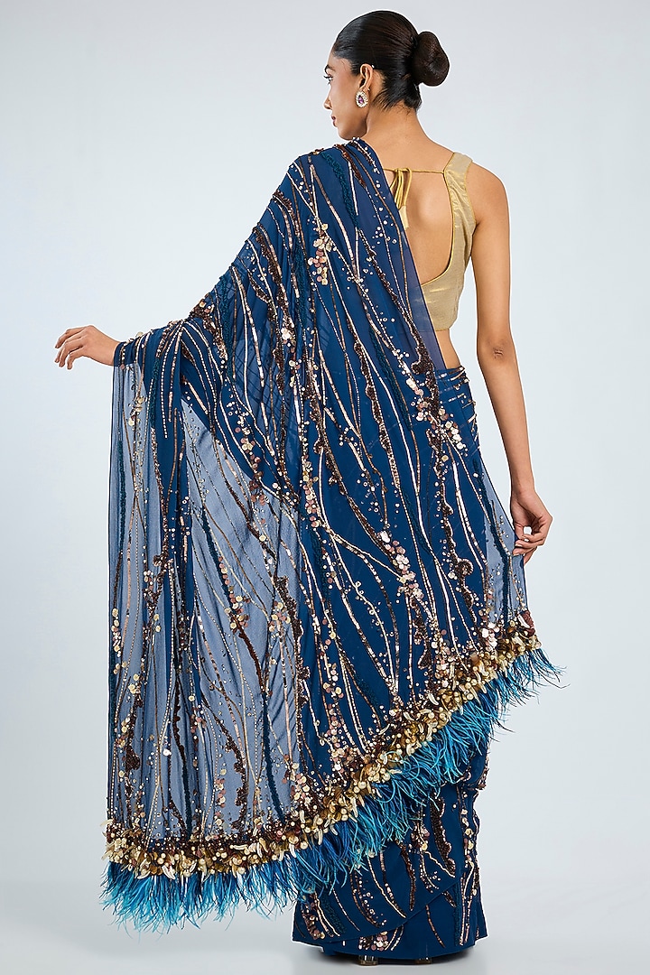 Sapphire Blue Georgette Sequins Embroidered Bridal Saree by Dilnaz Karbhary at Pernia's Pop Up Shop
