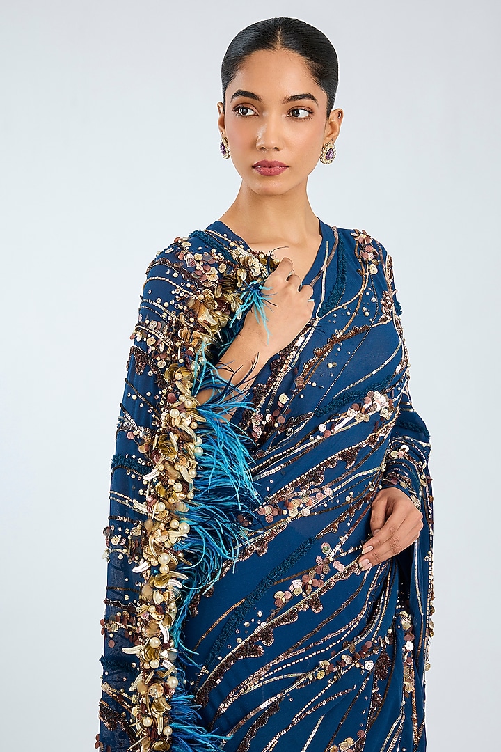 Sapphire Blue Georgette Sequins Embroidered Bridal Saree by Dilnaz Karbhary at Pernia's Pop Up Shop