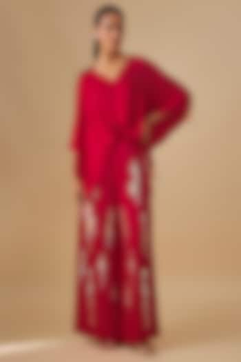 Red Blended Satin Kaftan by Dilnaz Karbhary at Pernia's Pop Up Shop