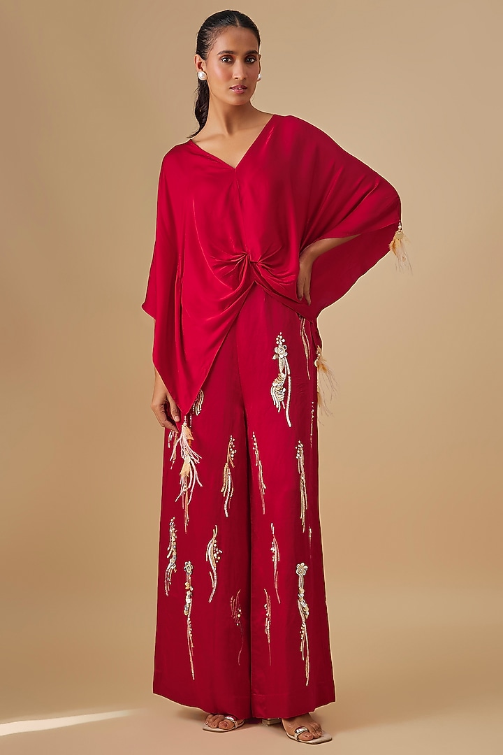 Red Blended Satin Kaftan by Dilnaz Karbhary at Pernia's Pop Up Shop