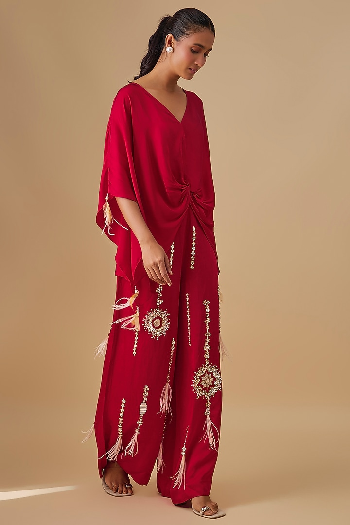 Red Blended Satin Kaftan by Dilnaz Karbhary at Pernia's Pop Up Shop