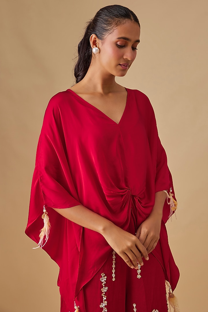 Red Blended Satin Kaftan by Dilnaz Karbhary at Pernia's Pop Up Shop