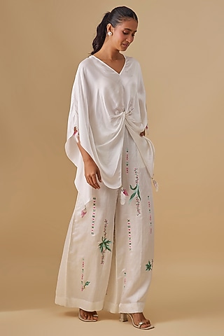 Ivory Blended Linen Trousers by Dilnaz Karbhary