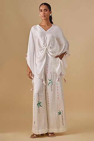 Ivory Blended Satin Kaftan by Dilnaz Karbhary