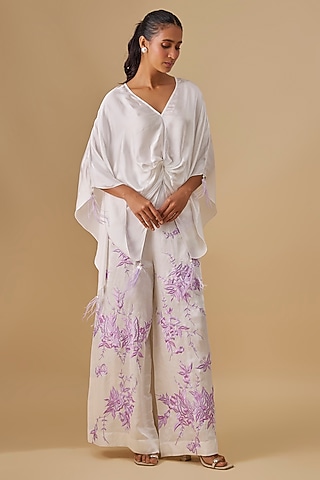 Ivory Blended Satin Kaftan by Dilnaz Karbhary