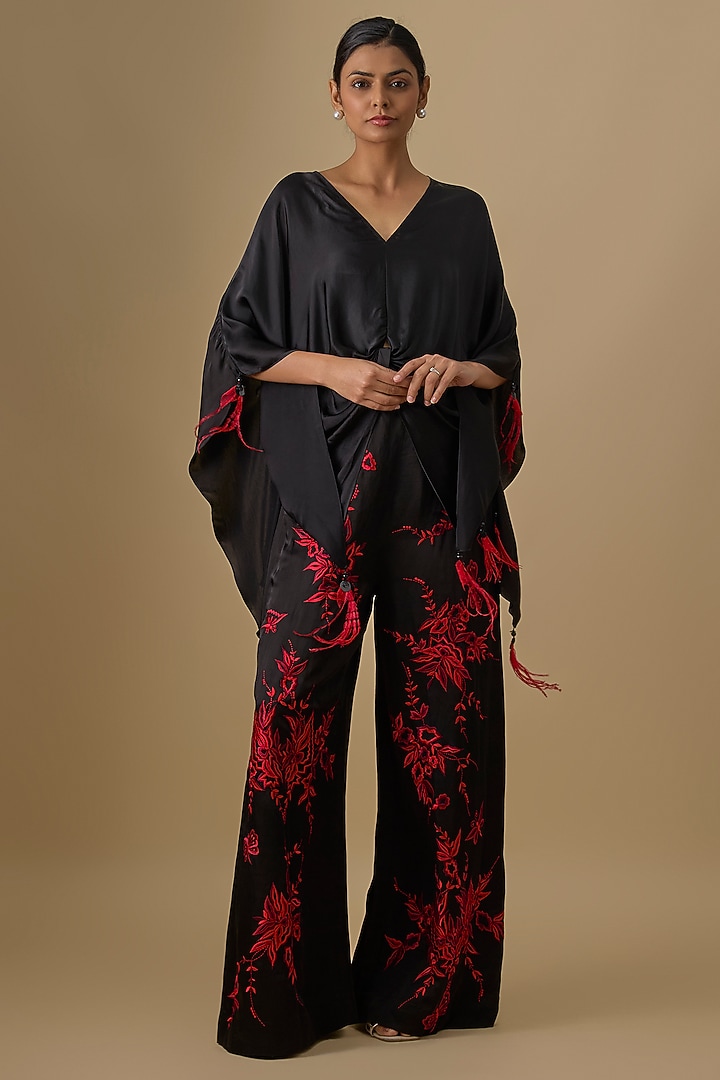 Black Blended Satin Kaftan by Dilnaz Karbhary at Pernia's Pop Up Shop