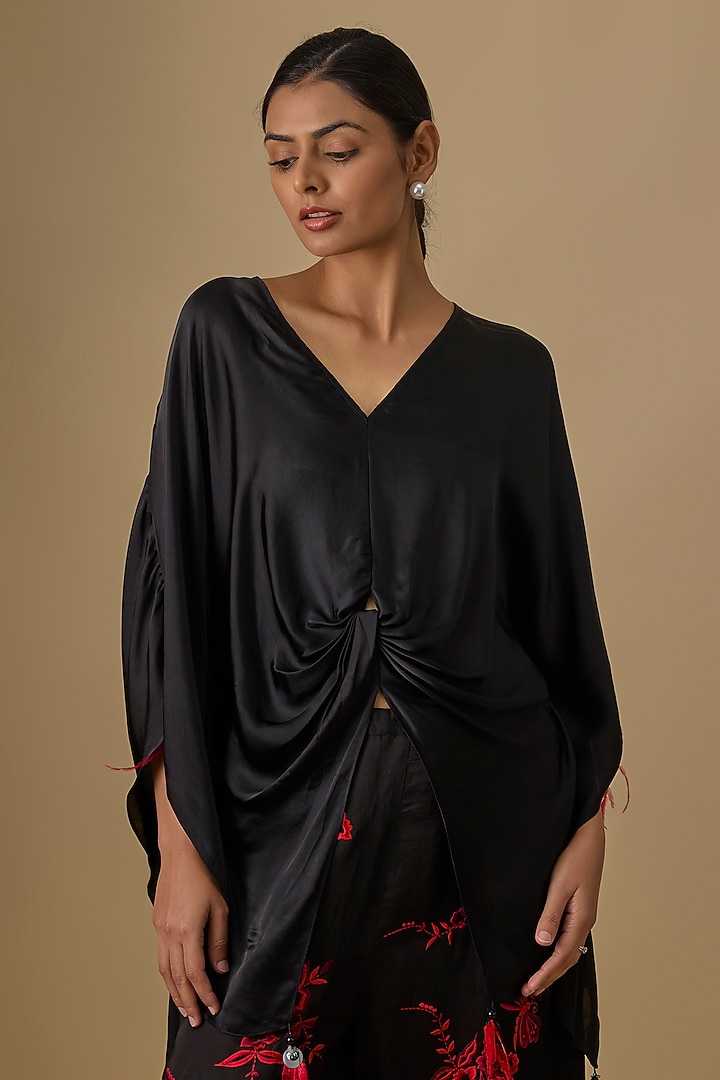 Black Blended Satin Kaftan by Dilnaz Karbhary at Pernia's Pop Up Shop