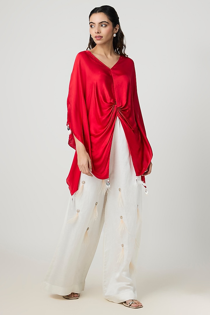 Red Blended Linen Kaftan by Dilnaz Karbhary at Pernia's Pop Up Shop