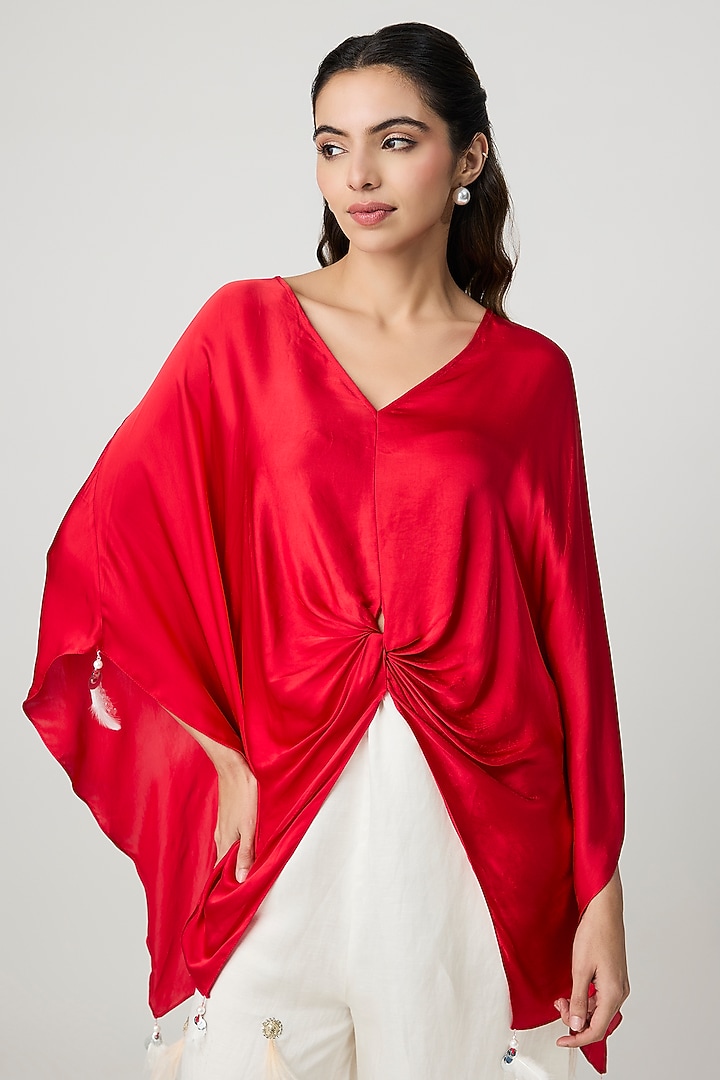 Red Blended Linen Kaftan by Dilnaz Karbhary at Pernia's Pop Up Shop