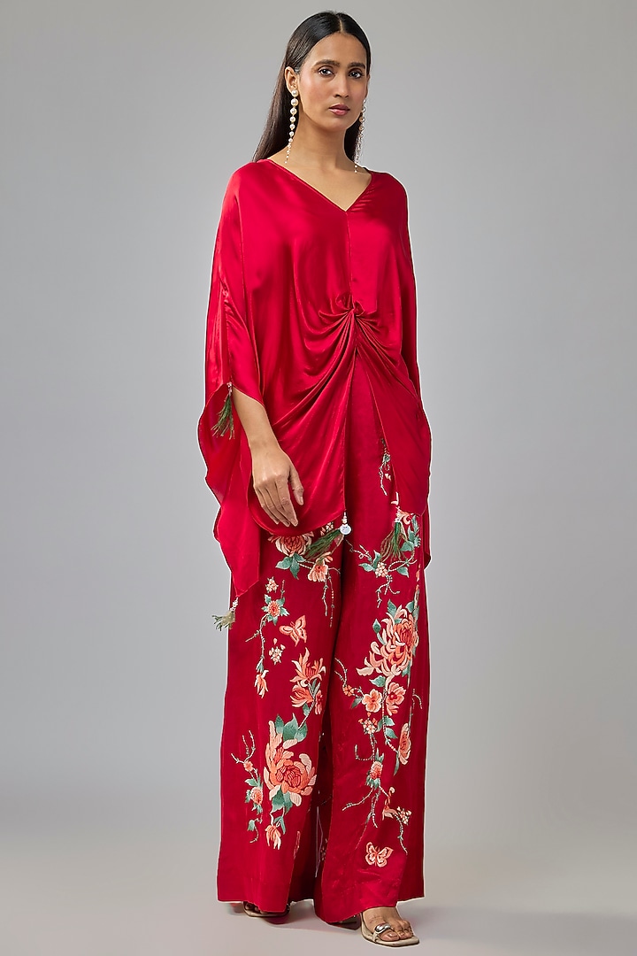 Red Blended Satin Trousers by Dilnaz Karbhary at Pernia's Pop Up Shop