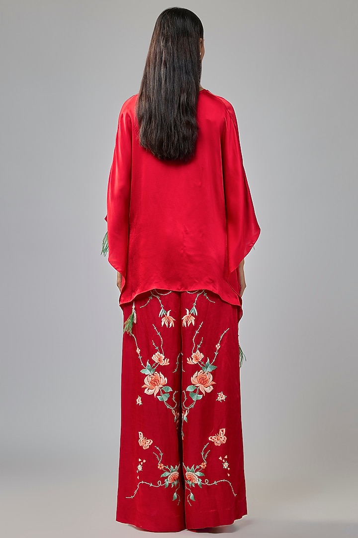 Red Blended Satin Trousers by Dilnaz Karbhary at Pernia's Pop Up Shop