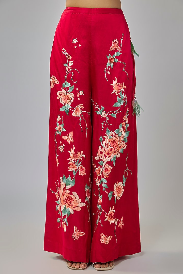 Red Blended Satin Trousers by Dilnaz Karbhary at Pernia's Pop Up Shop