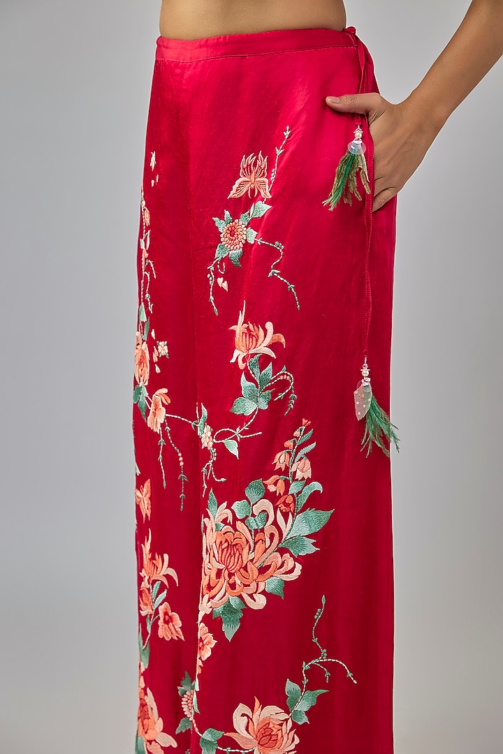 Red Blended Satin Trousers by Dilnaz Karbhary at Pernia's Pop Up Shop