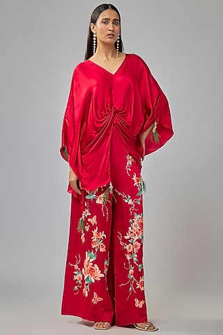Red Blended Satin Kaftan by Dilnaz Karbhary