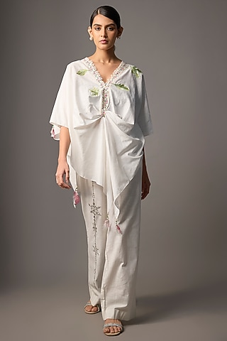 White Blended Linen Trousers by Dilnaz Karbhary
