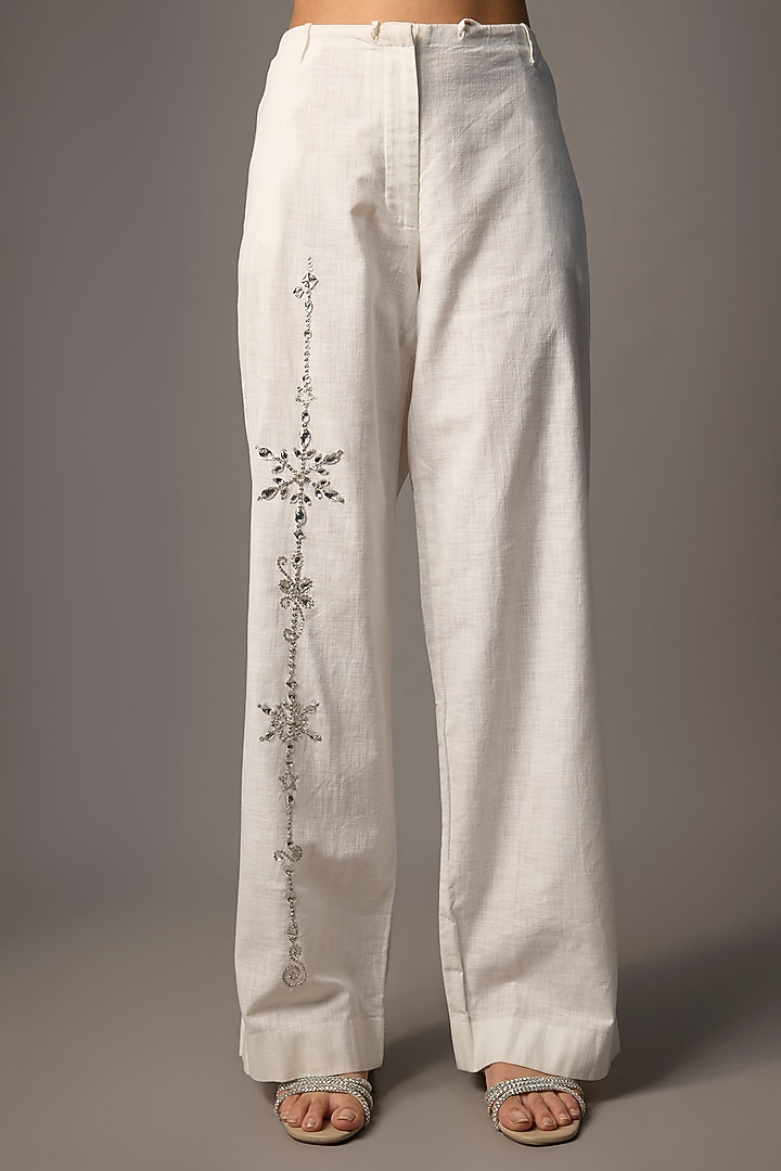 White Blended Linen Trousers by Dilnaz Karbhary at Pernia's Pop Up Shop
