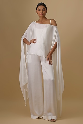 White Blended Satin Kaftan With Jumpsuit by Dilnaz Karbhary