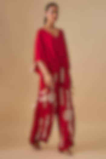 Red Blended Linen Embroidered Trousers by Dilnaz Karbhary at Pernia's Pop Up Shop