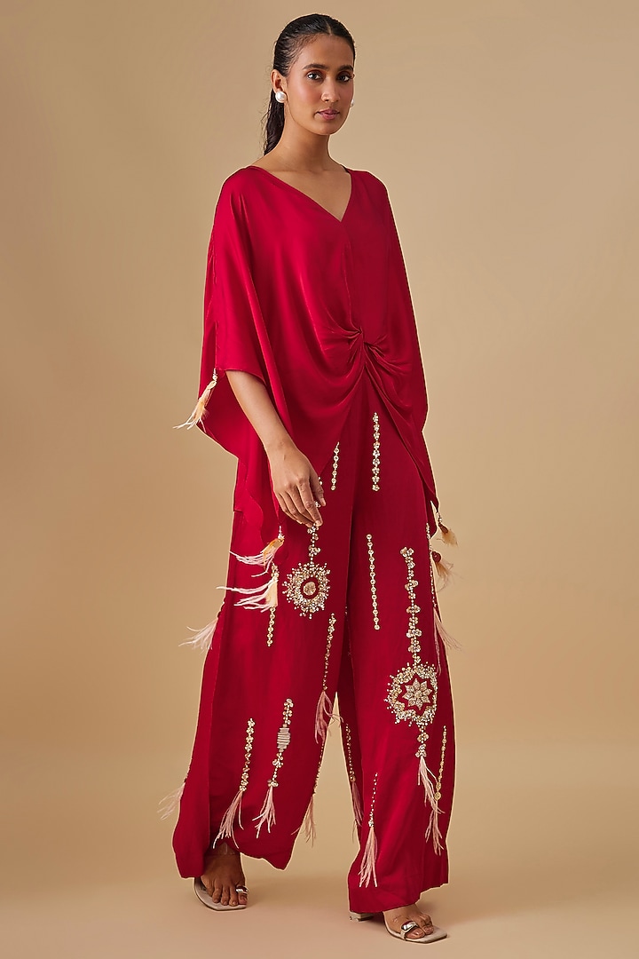 Red Blended Linen Embroidered Trousers by Dilnaz Karbhary at Pernia's Pop Up Shop