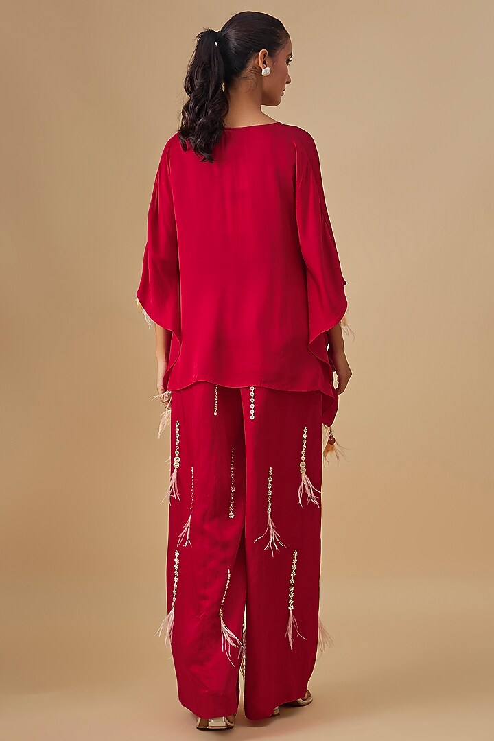 Red Blended Linen Embroidered Trousers by Dilnaz Karbhary at Pernia's Pop Up Shop