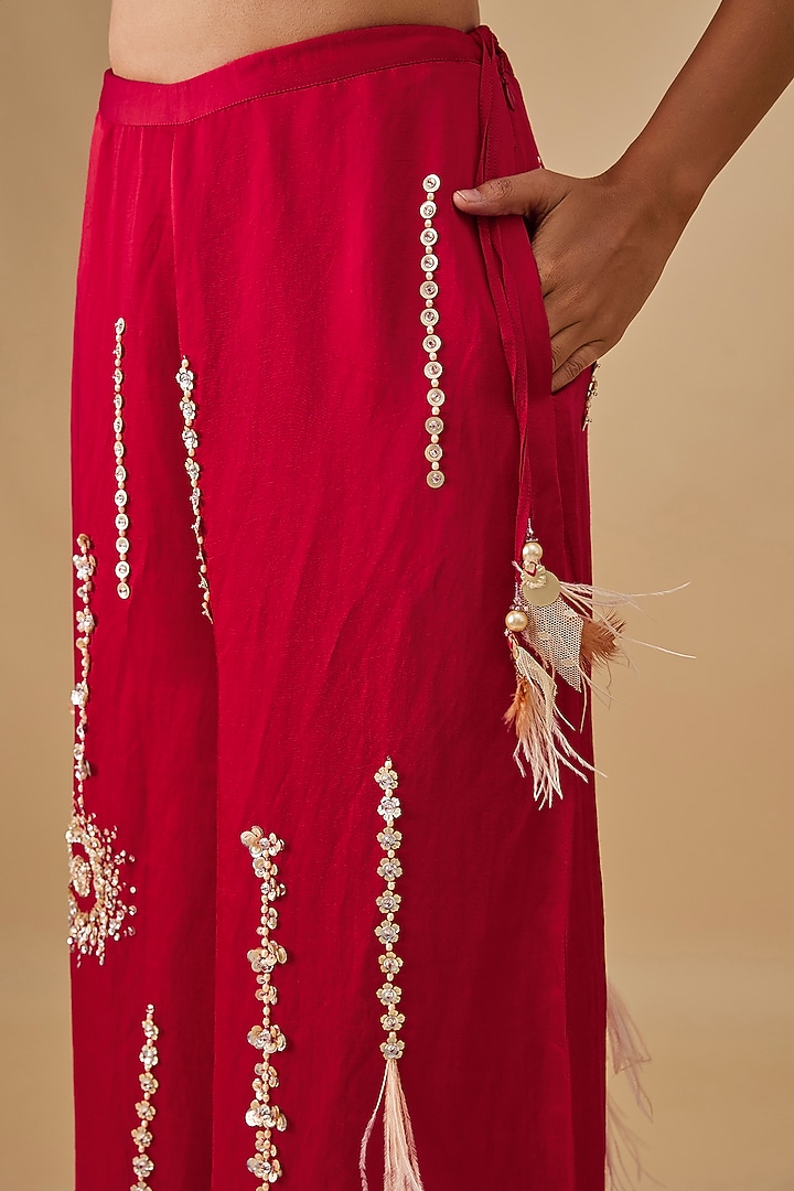 Red Blended Linen Embroidered Trousers by Dilnaz Karbhary at Pernia's Pop Up Shop