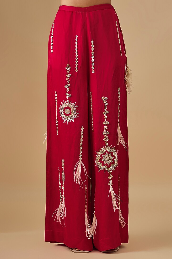 Red Blended Linen Embroidered Trousers by Dilnaz Karbhary at Pernia's Pop Up Shop
