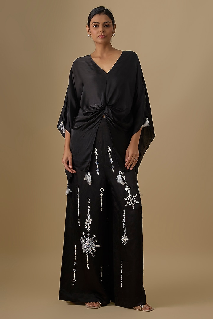 Black Blended Linen Trousers by Dilnaz Karbhary at Pernia's Pop Up Shop