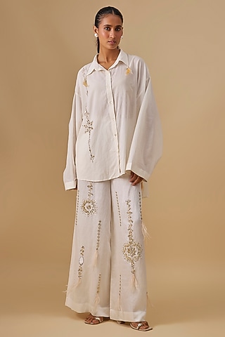 Ivory Blended Linen Embroidered Trousers by Dilnaz Karbhary