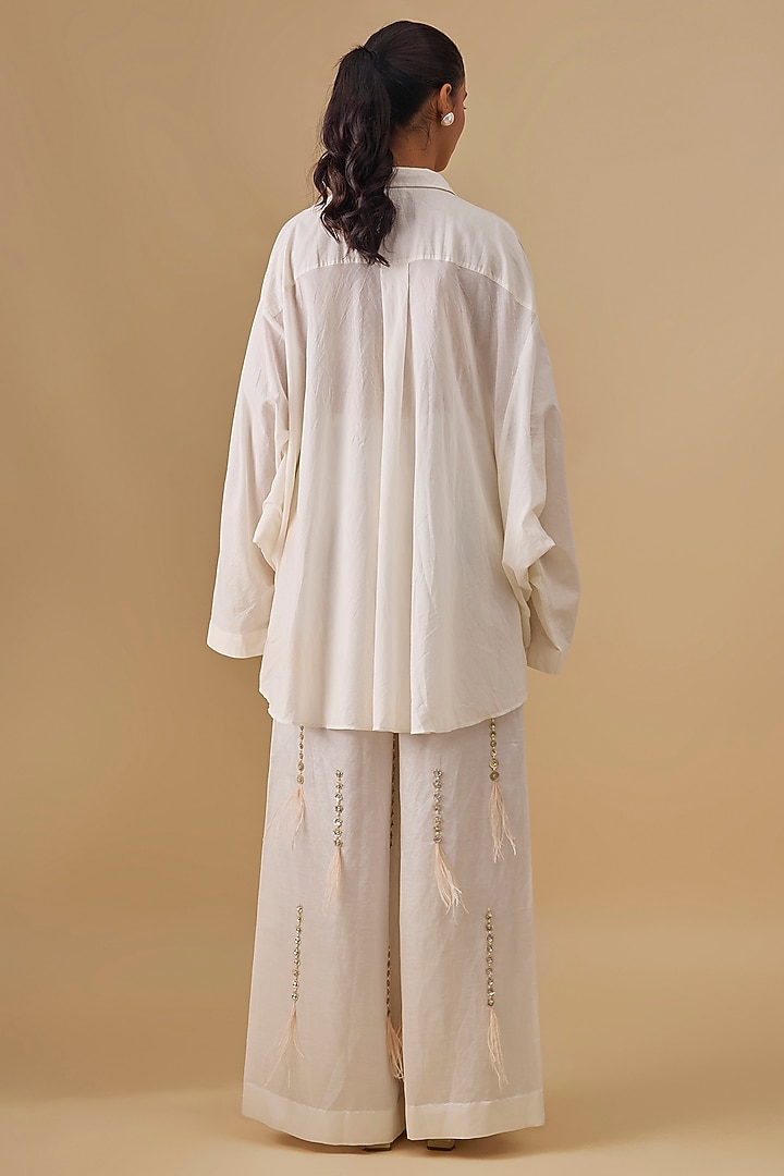 Ivory Blended Linen Embroidered Trousers by Dilnaz Karbhary at Pernia's Pop Up Shop