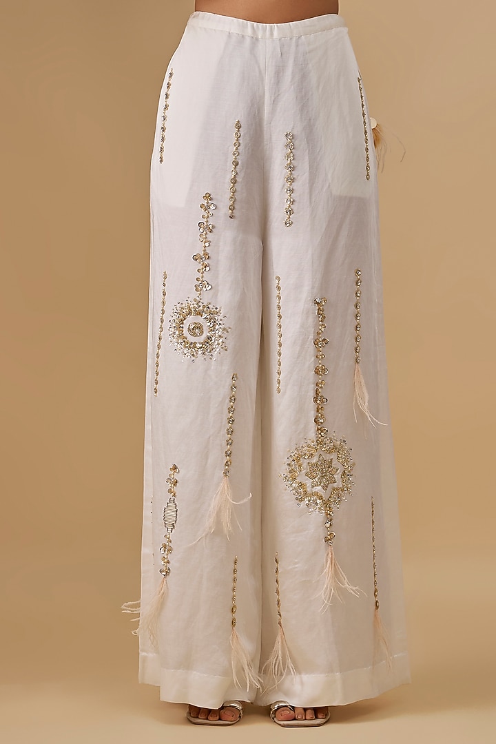 Ivory Blended Linen Embroidered Trousers by Dilnaz Karbhary at Pernia's Pop Up Shop
