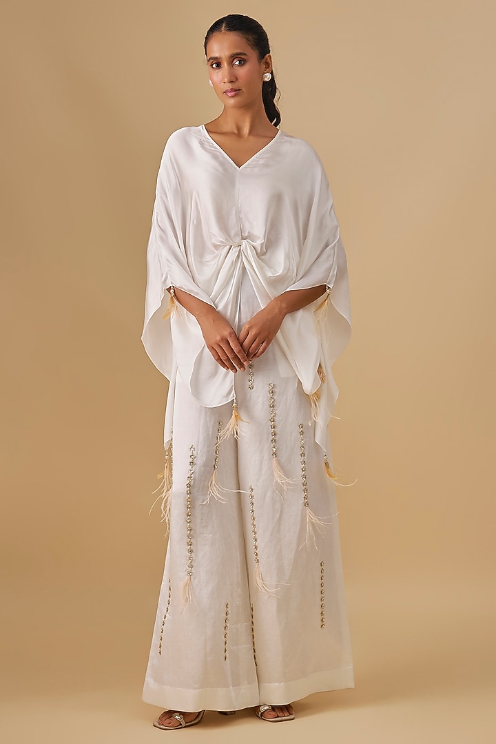 Ivory Blended Linen Sequin Linen Trousers by Dilnaz Karbhary at Pernia's Pop Up Shop