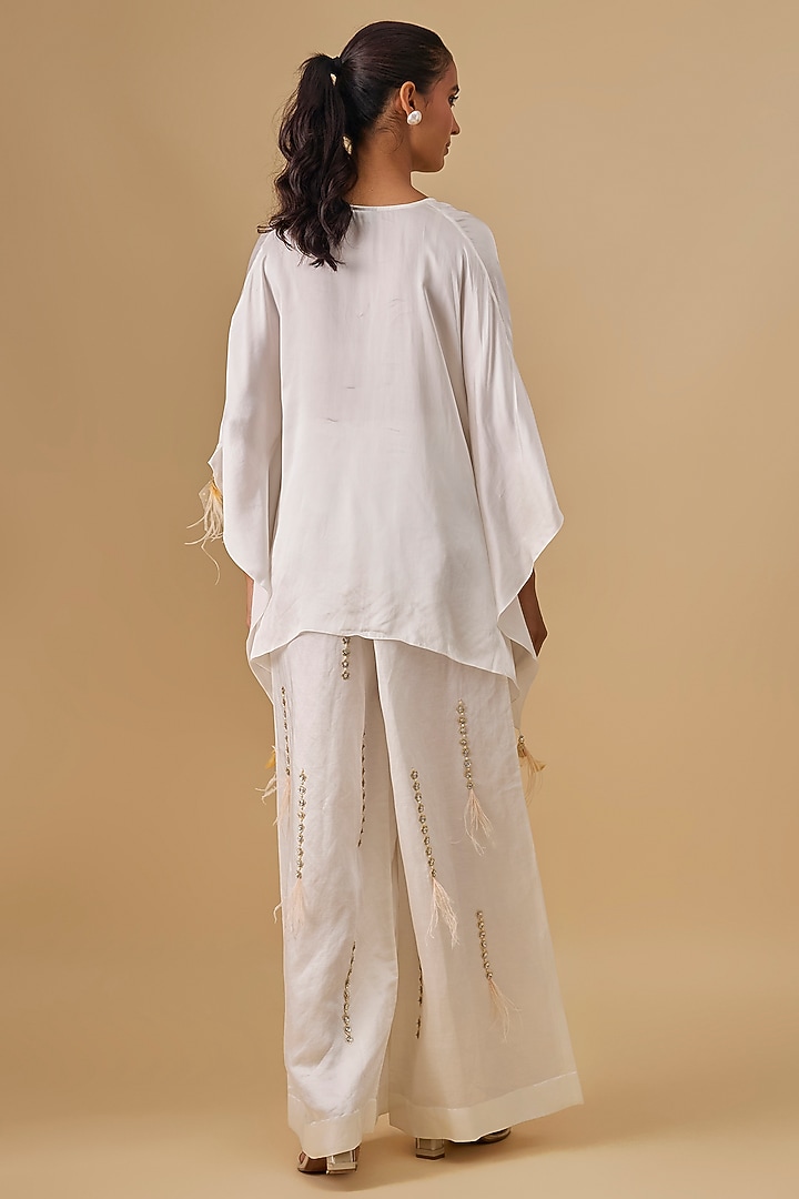 Ivory Blended Linen Sequin Linen Trousers by Dilnaz Karbhary at Pernia's Pop Up Shop