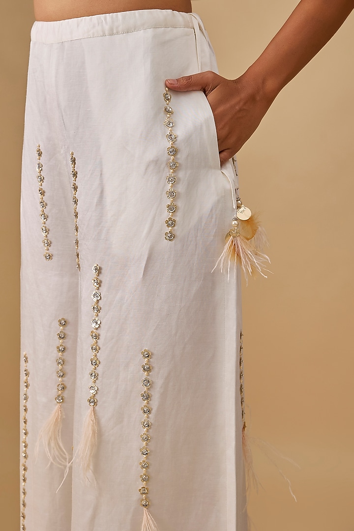 Ivory Blended Linen Sequin Linen Trousers by Dilnaz Karbhary at Pernia's Pop Up Shop