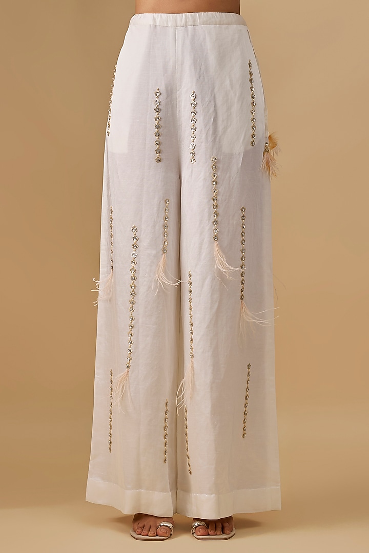 Ivory Blended Linen Sequin Linen Trousers by Dilnaz Karbhary at Pernia's Pop Up Shop