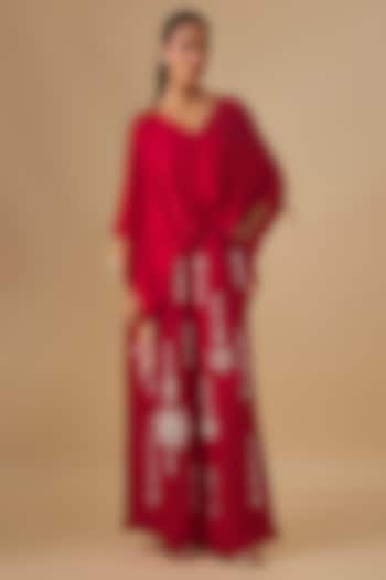 Red Blended Linen Moti Snowflake Work Trousers by Dilnaz Karbhary at Pernia's Pop Up Shop