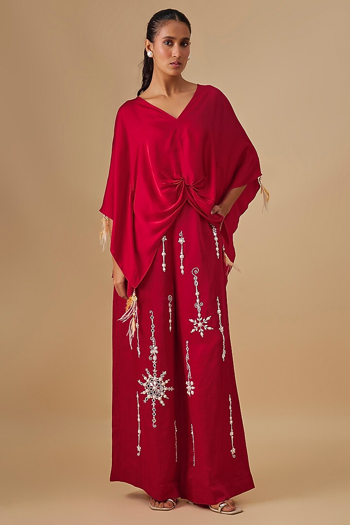 Red Blended Linen Moti Snowflake Work Trousers by Dilnaz Karbhary at Pernia's Pop Up Shop