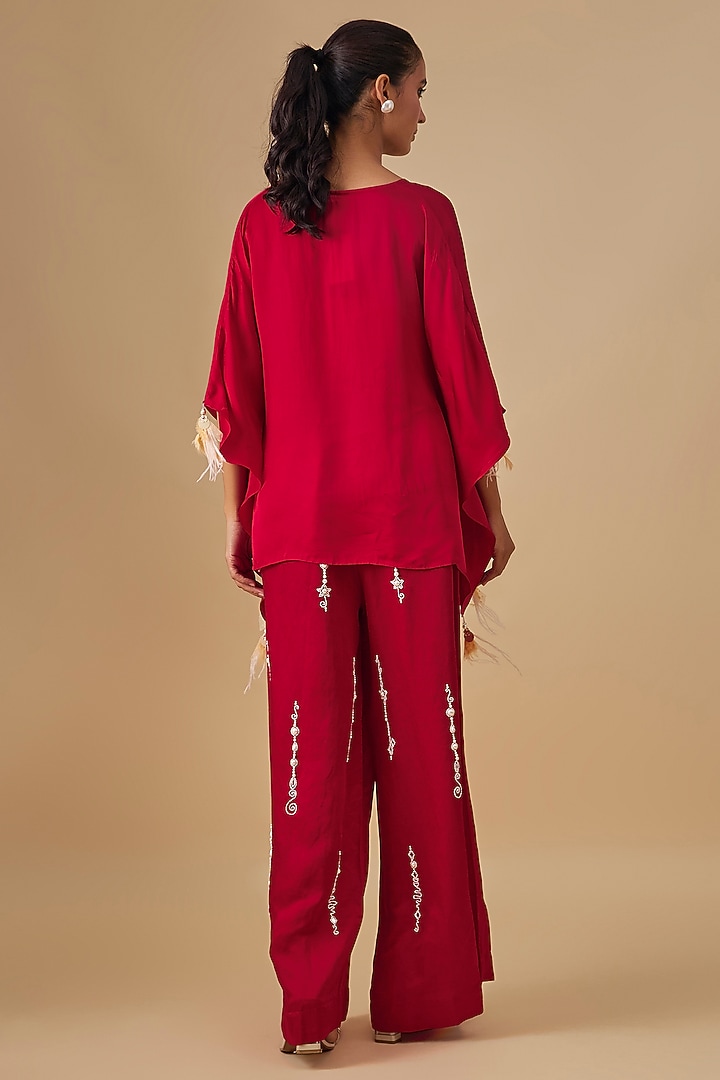 Red Blended Linen Moti Snowflake Work Trousers by Dilnaz Karbhary at Pernia's Pop Up Shop